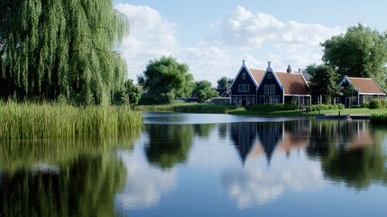 Obraz premium Tranquil lakeside scene with reflections and lush greenery.
