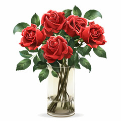 Red Roses Bouquet in Clear Vase, Clip Art Style on White Background with Copy Space