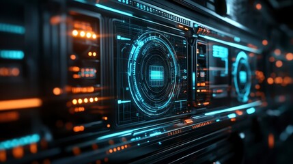 Obraz premium Futuristic Sci Fi Technology Interface HUD Digital Dashboard Display Orange and Blue Neon Lights