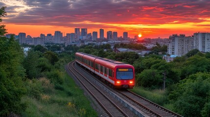 Naklejka premium Scenic Cityscape Sunset Red Electric Train on Railway Tracks