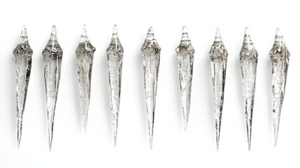 A set of hanging icicles resembling frozen stalactites, perfectly symmetrical, isolated on a bright white backdrop