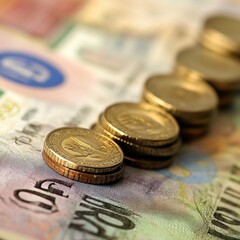 Close-up of gold coins arranged on banknotes.