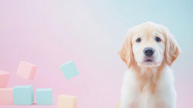 Golden Retriever Puppy Playtime: A  Golden Retriever puppy stares intently at the camera with its big brown eyes, surrounded by colorful floating blocks against a dreamy pink and blue background.  