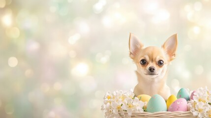 Easter Pup: A small chihuahua,  with big curious eyes, sits nestled in a basket adorned with springtime blossoms and colorful Easter eggs.