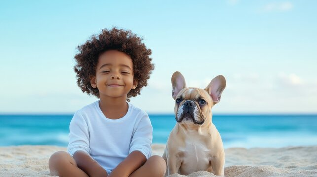 Beachside Bliss: A young boy finds tranquility with his loyal French Bulldog companion on a sandy beach.
