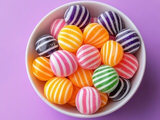 Colorful Candy Bowl Filled with Vibrant Round Sweets in Various Flavors and Bright Colors on a Purple Background for Delightful Treat Concepts