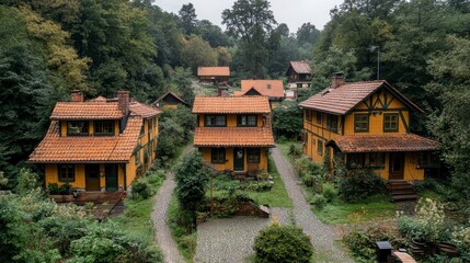 Charming Yellow Cottages nestled in a lush green forest idyllic rural landscape