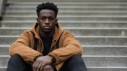 Obraz premium Pensive Young Black Man Sitting on Steps Outdoors Casual Clothing
