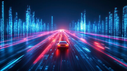 Obraz premium Futuristic Cityscape Autonomous Vehicle Driving on a Highway of Digital Data Streams at Night