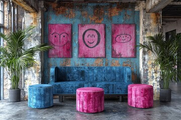 Modern Lounge Area with Pink Artwork and Blue Sofa