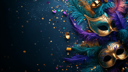 Fototapeta premium Luxurious Mardi Gras Scene Featuring Ornate Masks and Golden Decorations, Perfect for Backgrounds and Copy Space