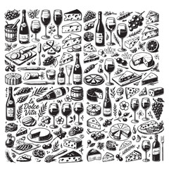 chalk food illustrations, wedding dinner icons, wine or champagne glass, cheese, and charcuterie drawings for wedding invitations, cafe menus, and parties. La dolce vita italian sketch style.