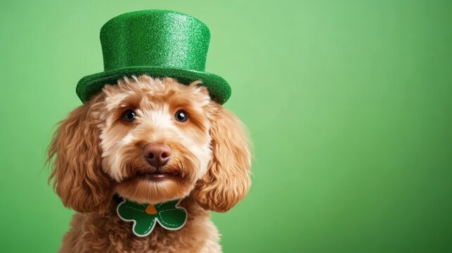 Lucky Doggo in Green Hat:  A fluffy brown dog sporting a green top hat and shamrock bow tie gazes inquisitively, exuding festive charm for a perfect St. Patrick's Day celebration image.
