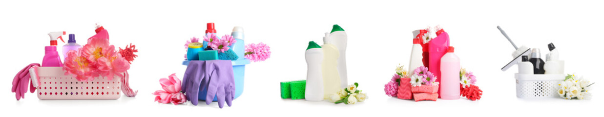 Set of cleaning supplies and flowers on white background. Spring cleaning