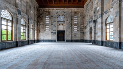 Fototapeta premium grand, empty room in a historic structure features high ceilings and beautifully crafted windows that allow natural light to flood the space, highlighting the architectural details