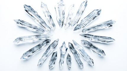 Fototapeta premium Icicles grouped in a radial pattern, showing their natural formation and glossy textures, on white