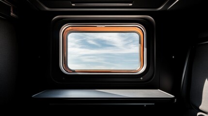 Brightly lit space showcases a window framed by black walls. vibrant sky outside contrasts with the minimalist interior, highlighting the modern design and natural light
