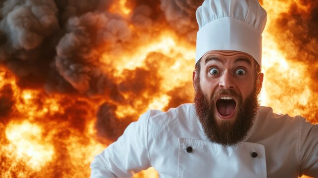 chef in a white uniform and tall hat expresses shock and excitement amidst a fiery explosion in the kitchen. chaos adds a thrilling twist to the cooking event