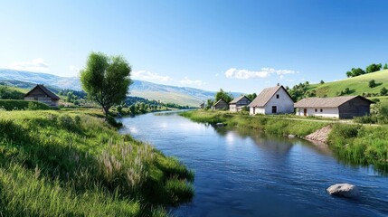 Fototapeta premium Peaceful River Village Landscape