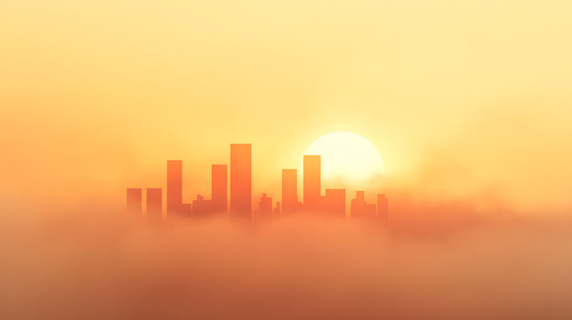A modern city skyline obscured by a heavy layer of particulate dust and smog, with a warm golden-orange glow from the setting sun struggling to penetrate the polluted air. The scene captures a dense,