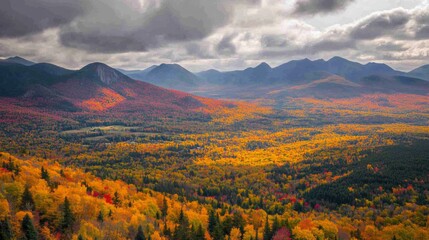 Naklejka premium Breathtaking autumn landscape with vibrant colors and majestic mountains under a cloudy sky. A perfect setting for nature lovers and adventure seekers. Generative AI