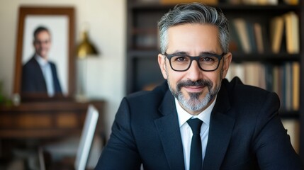 Fototapeta premium Confident Executive in his Office: A seasoned professional, with a confident demeanor and warm eyes, exudes leadership and success.