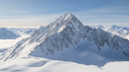 stunning mountain peak is surrounded by a vast expanse of snow and clouds, showcasing its rugged surface and magnificent height against a clear blue sky