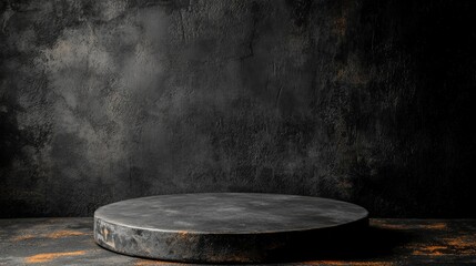 round platform sits against a dark, textured background, perfect for showcasing products or creating artistic presentations in a studio setting