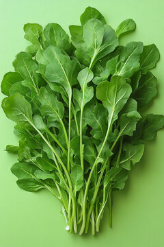 Fresh Green Arugula Leaves Bundle on Green Background