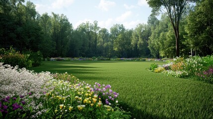 Obraz premium Lush green landscape with vibrant flowers under a clear sky.