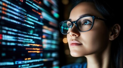 young woman wearing glasses intensely observes vibrant data streams on a screen in a modern tech workspace. atmosphere is filled with digital energy, enhancing her concentration