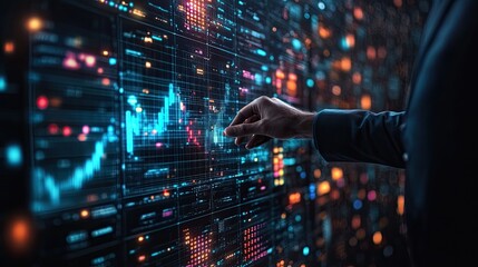 On a dark background, a businessman displays a brilliant digital marketing graph with data visualization. The 3D graphic highlights cutting-edge technology principles for contemporary corporate strate
