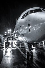 Fototapeta premium Airplane Cockpit View Nighttime Runway Reflections