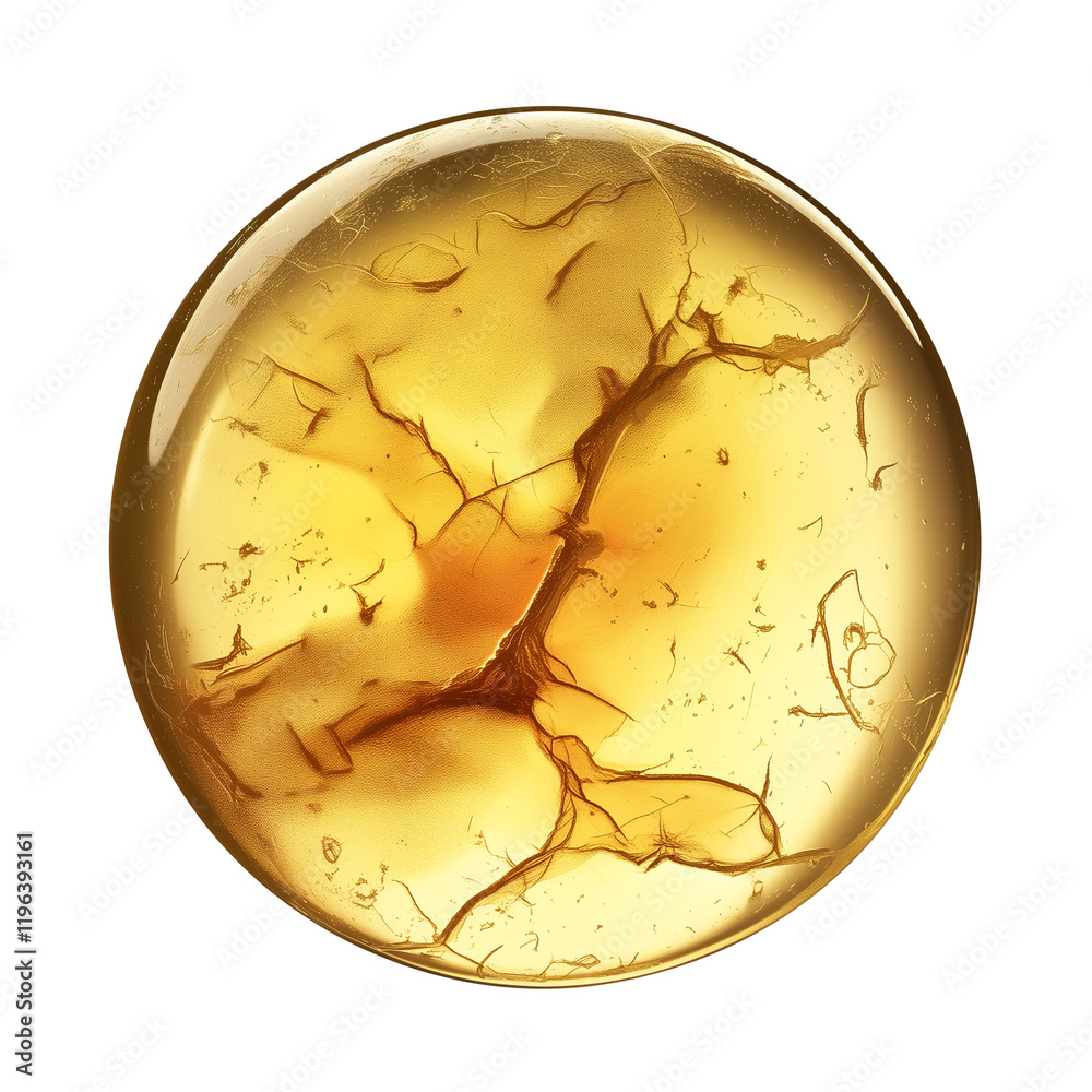 Poster round, transparent resin sphere with metallic flecks and intricate patterns, resembling amber. sphere warm golden hue and detailed textures create captivating visual effect