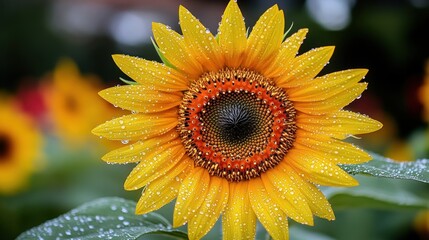 Obraz premium Dew-kissed sunflower field closeup, summer