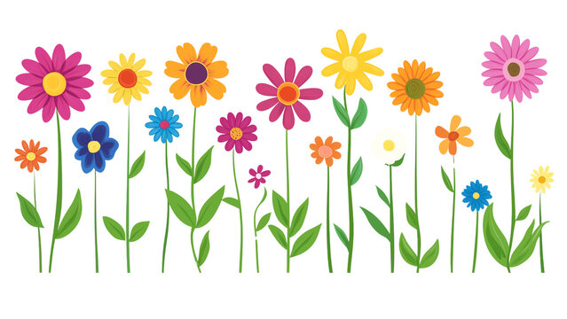 Colorful Spring Flowers Illustration with Vibrant Blooms and Green Stem,  Nature-Inspired Art background, Kids room wall stickers clipart