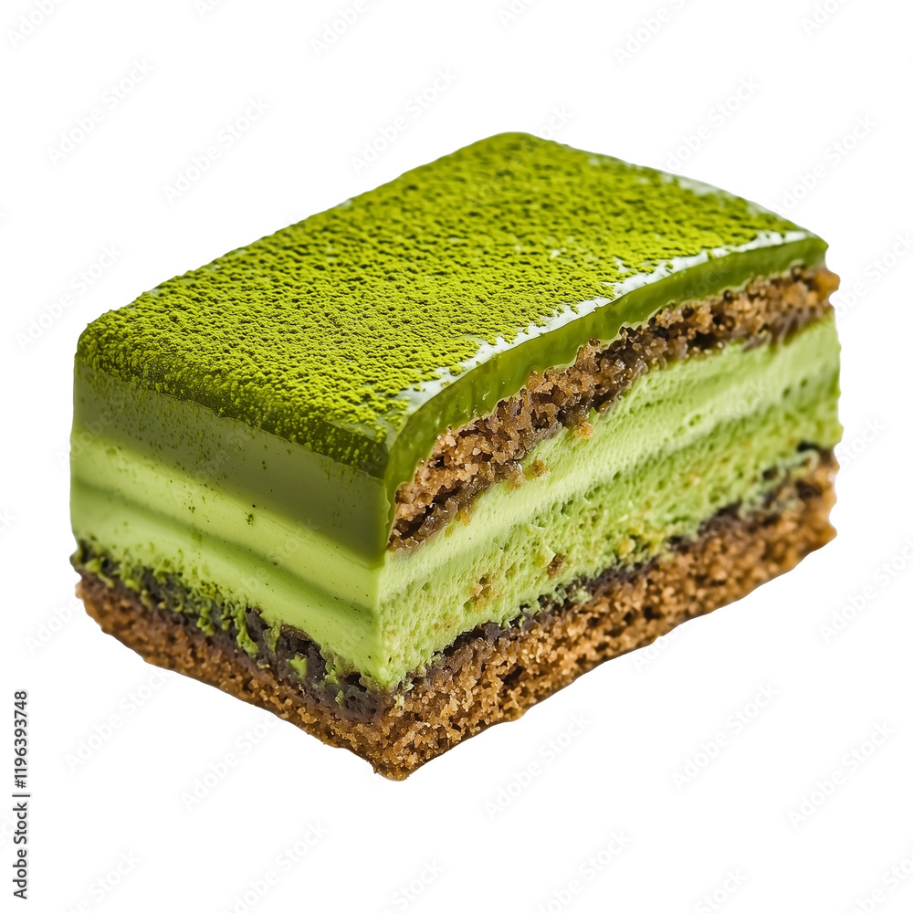 Poster delicious slice of matcha cake with layers of green tea mousse and sponge, isolated on transparency 
