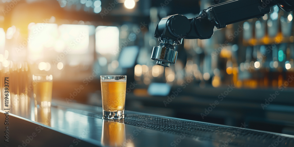 Poster robotic arm serves glass of beer on bar counter in modern pub, with warm lighting creating cozy atmo