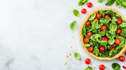 Spinach and Cherry Tomato Tart: A delectable, rustic tart with a golden-brown crust, filled with vibrant spinach leaves and juicy cherry tomatoes, ready to be baked to perfection.  