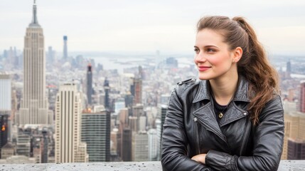 Fototapeta premium NYC Skyline Dream: A young woman with long brown hair tied in a ponytail, wearing a black leather jacket, gazes thoughtfully at the breathtaking panoramic view of the New York City skyline.