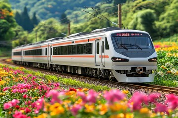Obraz premium Modern Train Speeding Through Vibrant Flower Fields