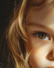 Close-up of child's eye with golden hair in soft sunlight