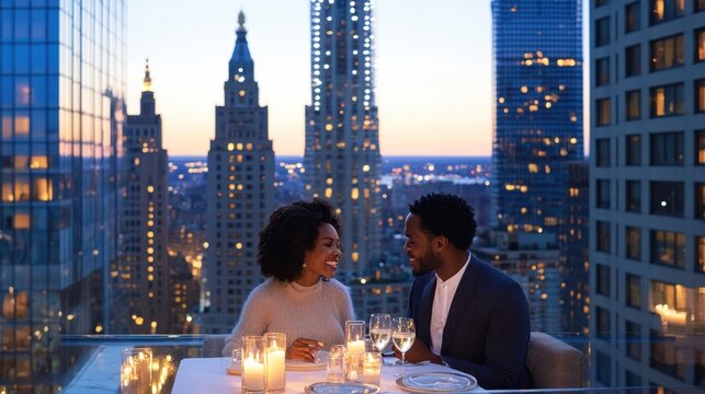 Romantic Rooftop Dinner: A couple enjoys an intimate dinner on a rooftop terrace, overlooking a breathtaking cityscape at twilight. The ambiance is romantic and sophisticated. - Powered by Adobe