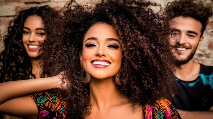 Naklejka premium Radiant Smiles and Curly Hair: Three young adults with vibrant smiles and stunning curly hair pose against a rustic brick wall. The central woman is front and center, radiating confidence and beauty.