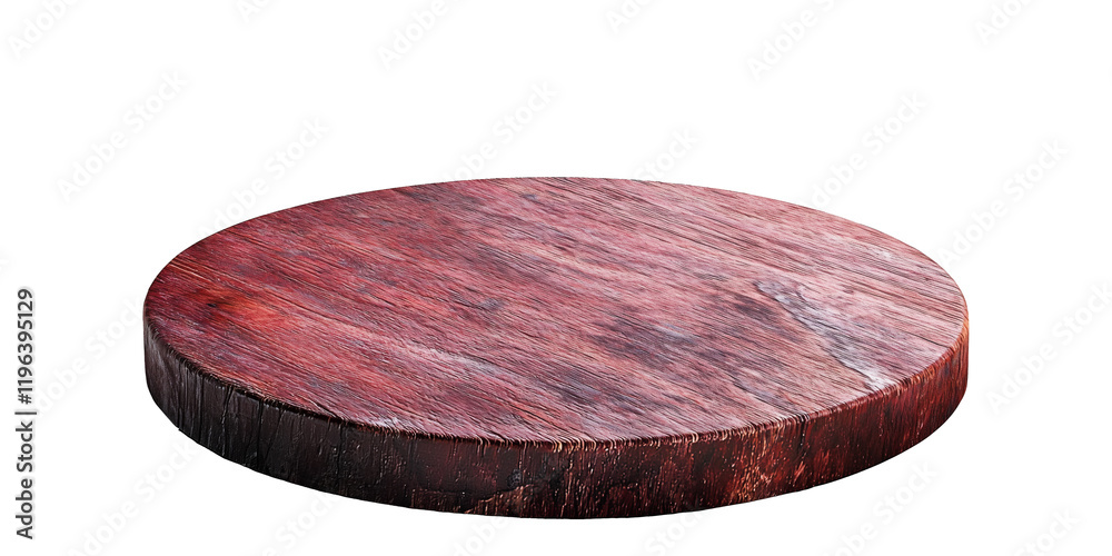 Poster round red wooden base is isolated on transparency background, showcasing its textured surface and na
