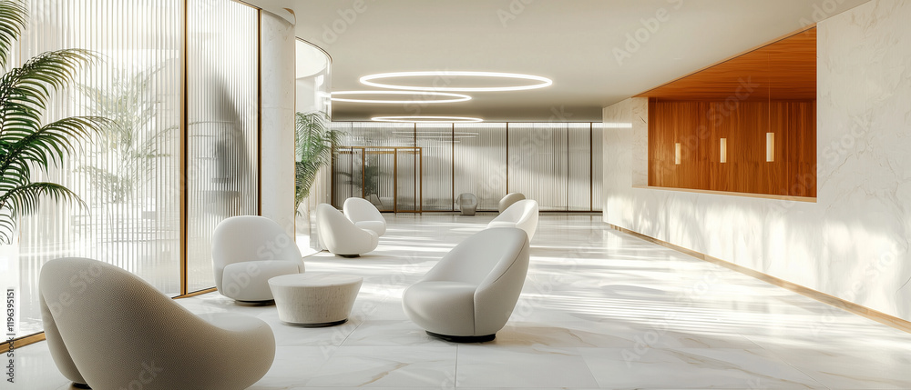 Poster modern hotel lobby with sleek design featuring white chairs and circular lighting, creating serene a