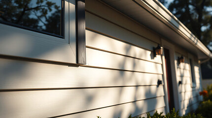 Cream-Beige House Exterior with Wooden Siding, Modern Architecture, Clean Lines, and Sunlight Shadows. Real Estate, Residential Property, Home Design.