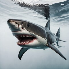 Naklejka premium A great white shark with its gills clearly detailed, swimming horizontally on a white background.