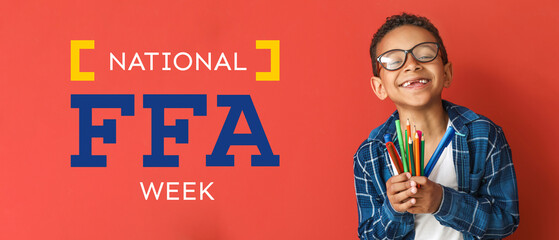 Cute African-American boy with pencils and markers on color background