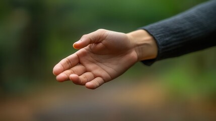 Handshake Invitation, a person extending their hand, sharp focus, green backdrop, ample space for text, ideal for business or networking contexts